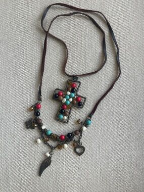 Hand-Crafted Beaded Cross Wrap Necklace | Genuine Leather Cord | Mexico Boutique
